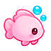 A small pink fish icon facing right with two blue bubbles floating above it.