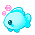 A small blue fish icon facing left with two pink bubbles floating above it.
