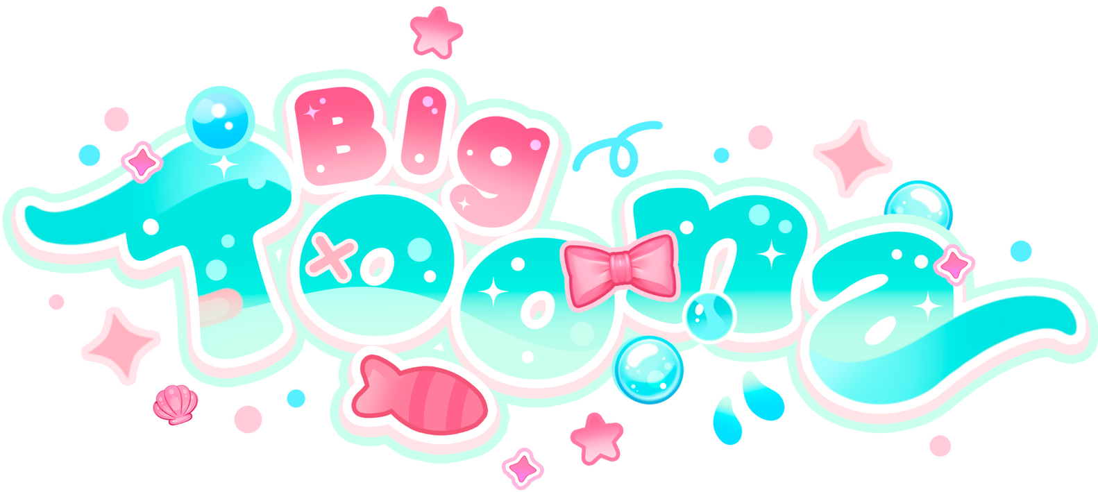 A pink and blue logo stating "Big Toona" in large bubble letters, featuring several small icons around the text, such as a fish, some bubbles, stars and Toona's bowtie.